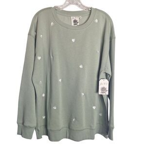 Joei & I Sweatshirt Long Sleeve Sage Crew Neck Embroidered Heart 2X Womens